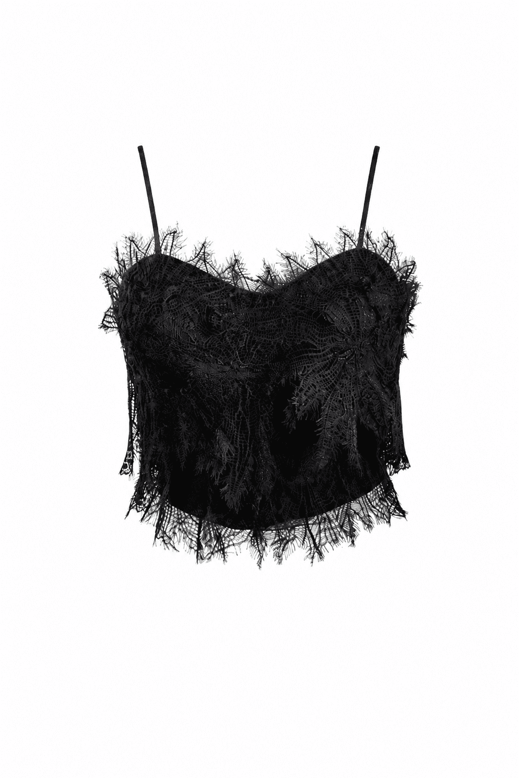 Bustier noir à plumes dentelées avec décolleté cœur et fines bretelles