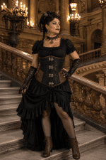 Ceinture corset underbust en brocart noir et similicuir marron portée sur robe noire au Palais Garnier