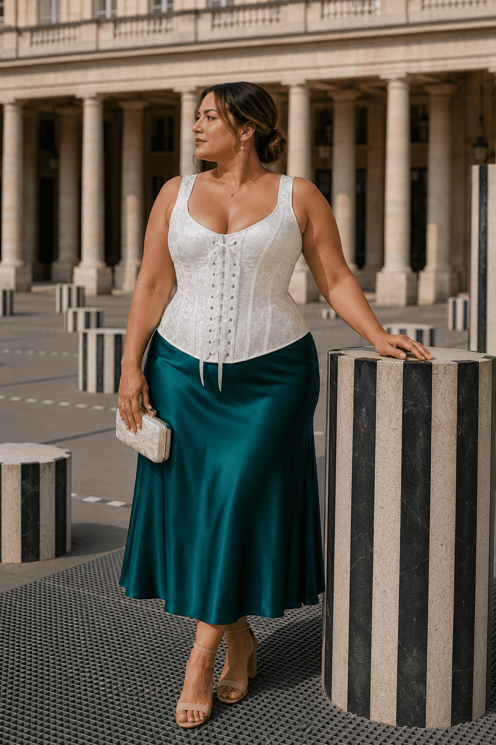 Femme portant un corset blanc brocart à lacets grande taille avec jupe satin émeraude aux Colonnes de Buren du Palais Royal
