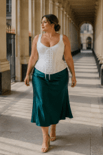 Femme élégante portant un corset blanc à lacets grande taille avec jupe satin émeraude au Palais Royal à Paris