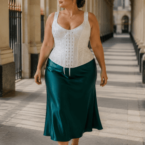 Femme élégante portant un corset blanc à lacets grande taille avec jupe satin émeraude au Palais Royal à Paris