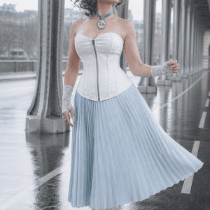 Corset blanc en similicuir porté avec jupe plissée bleu pastel au Pont Bir-Hakeim style steampunk élégant