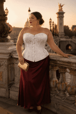 Femme élégante de 40 ans portant un corset blanc vénitien grande taille en jacquard floral avec jupe satinée bordeaux au Pont Alexandre III à Paris pendant la golden hour