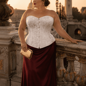 Femme élégante de 40 ans portant un corset blanc vénitien grande taille en jacquard floral avec jupe satinée bordeaux au Pont Alexandre III à Paris pendant la golden hour