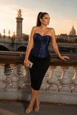 Corset bleu satin porté avec jupe crayon noire au Pont Alexandre III à Paris, look élégant avec sandales argentées et pochette