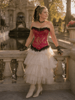Corset brocart rose et doré porté avec jupe en tulle crème au Jardin du Luxembourg devant la fontaine de Médicis