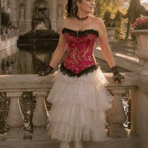 Corset brocart rose et doré porté avec jupe en tulle crème au Jardin du Luxembourg devant la fontaine de Médicis
