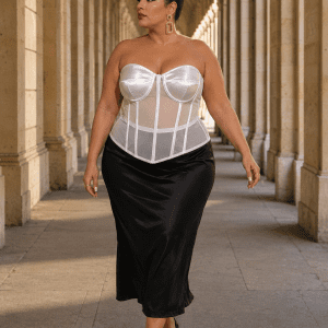 Femme élégante portant un corset bustier blanc transparent grande taille avec jupe satinée noire au Palais Royal à Paris