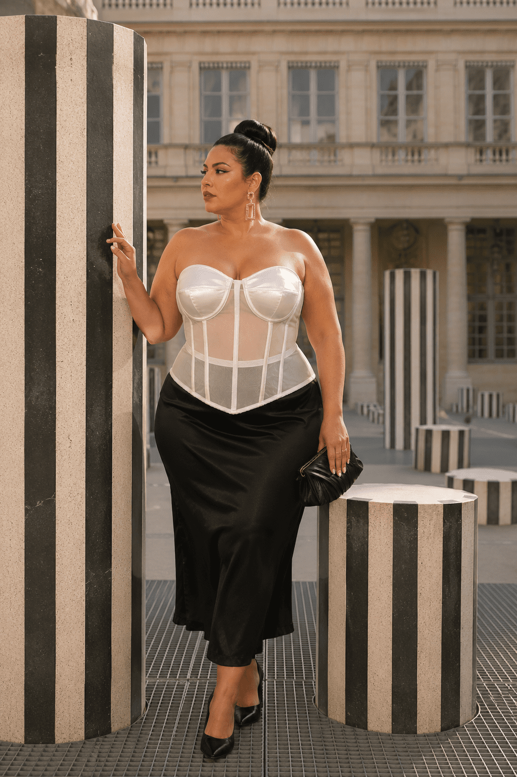 Femme portant un corset bustier blanc transparent grande taille aux Colonnes de Buren du Palais Royal à Paris