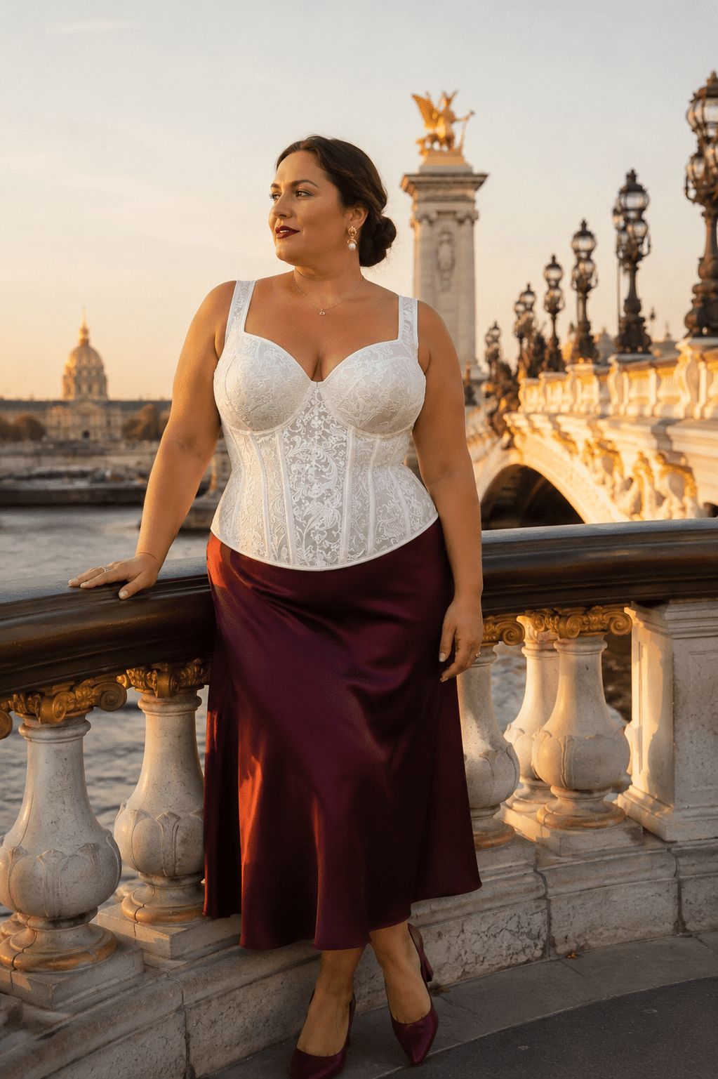 Femme élégante portant un corset bustier blanc en brocart avec jupe satin bordeaux sur le Pont Alexandre III à Paris.