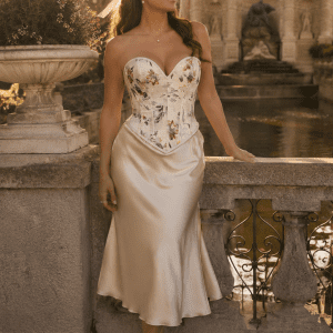 Femme de 45 ans portant un corset bustier court blanc fleuri coupe cœur avec une jupe satin champagne au Jardin du Luxembourg à Paris