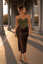Femme élégante de 45 ans portant un corset bustier court vert kaki à coupe cœur avec jupe satin marron chocolat au Pont Bir-Hakeim à Paris