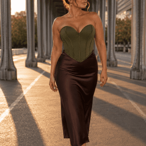 Femme élégante de 45 ans portant un corset bustier court vert kaki à coupe cœur avec jupe satin marron chocolat au Pont Bir-Hakeim à Paris