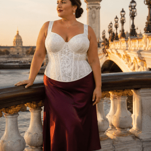 Femme taille 3XL portant un corset bustier blanc en brocart satiné avec jupe midi bordeaux au Pont Alexandre III à Paris pendant la golden hour