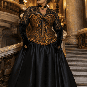 Corset bustier néo-victorien doré brun grande taille porté au Palais Garnier avec jupe satin noire volumineuse et chemisier dentelle noir