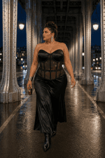 Femme élégante portant un corset bustier noir transparent grande taille avec jupe satinée noire au Pont Bir-Hakeim à Paris
