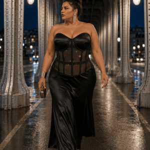 Femme élégante portant un corset bustier noir transparent grande taille avec jupe satinée noire au Pont Bir-Hakeim à Paris