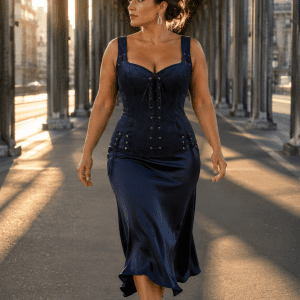 Femme élégante portant un corset bustier bleu marine renaissance avec jupe satinée au Pont Bir-Hakeim à Paris
