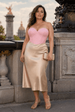 Mannequin femme taille L portant un corset bustier rose à strass coupe-cœur avec une jupe satin champagne au pont Alexandre III à Paris.