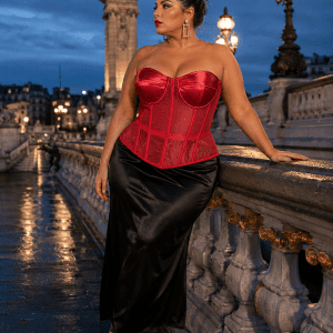 Femme élégante portant un corset bustier rouge transparent grande taille avec jupe satinée noire au Pont Alexandre III à Paris
