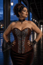 Bustier steampunk marron à motifs argentés porté avec jupe velours bordeaux dans un décor industriel parisien de nuit