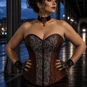 Bustier steampunk marron à motifs argentés porté avec jupe velours bordeaux dans un décor industriel parisien de nuit