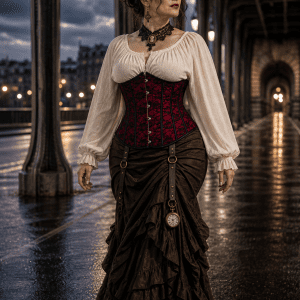 Ceinture corset steampunk rouge et noir portée sur chemisier crème avec jupe hitch-up marron au Pont Bir-Hakeim à Paris