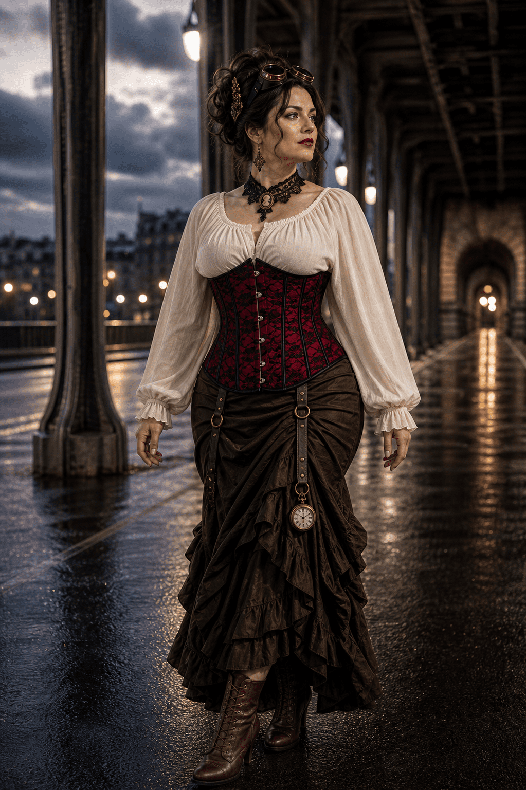 Ceinture corset steampunk rouge et noir portée sur chemisier crème avec jupe hitch-up marron au Pont Bir-Hakeim à Paris