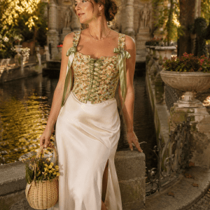 Femme portant un corset cottagecore victorien vert fleuri avec jupe satinée crème au Jardin du Luxembourg à Paris