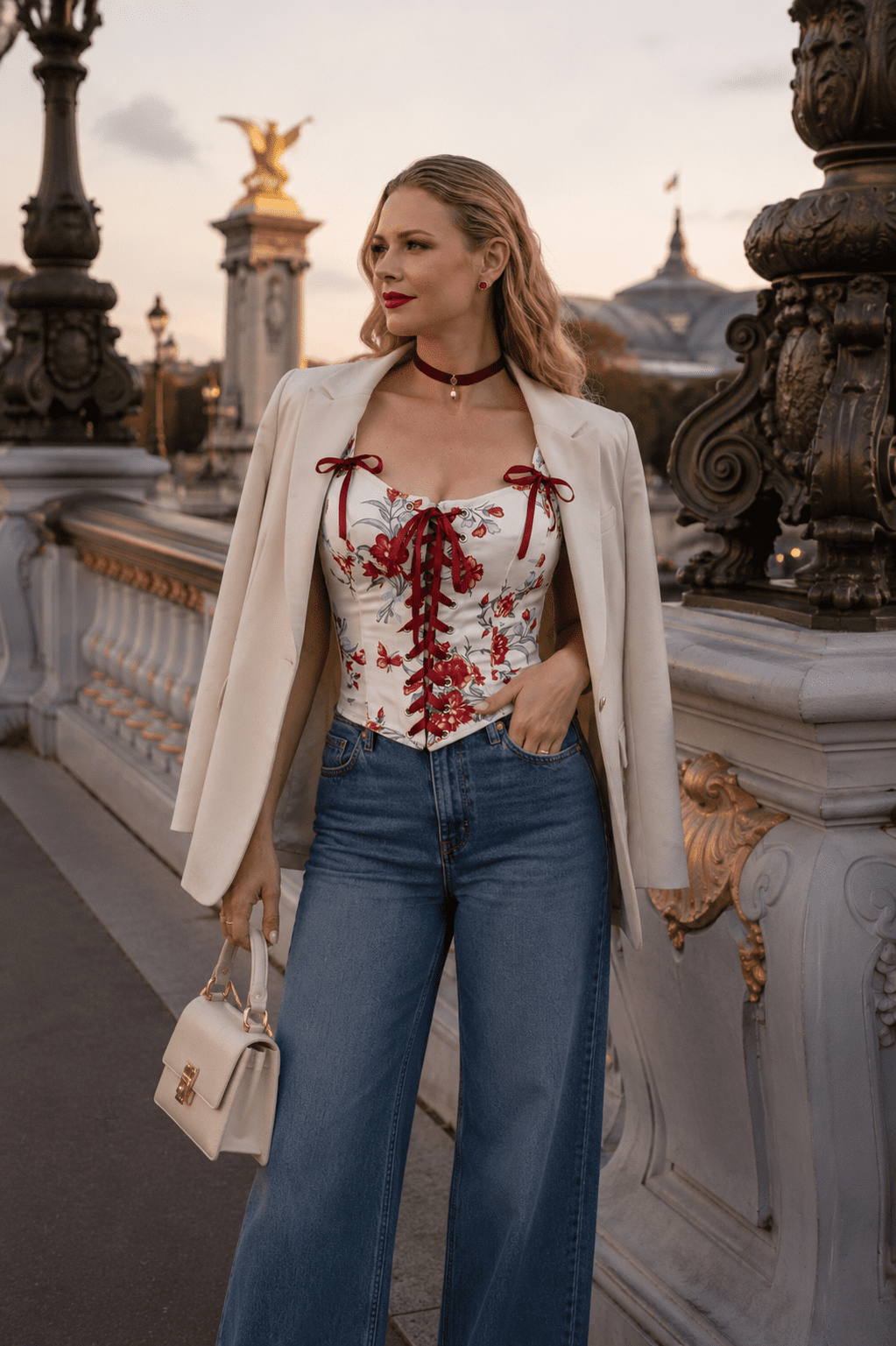Femme portant un corset floral blanc à lacets rouges avec un jean taille haute et un blazer crème au Pont Alexandre III à Paris au coucher du soleil