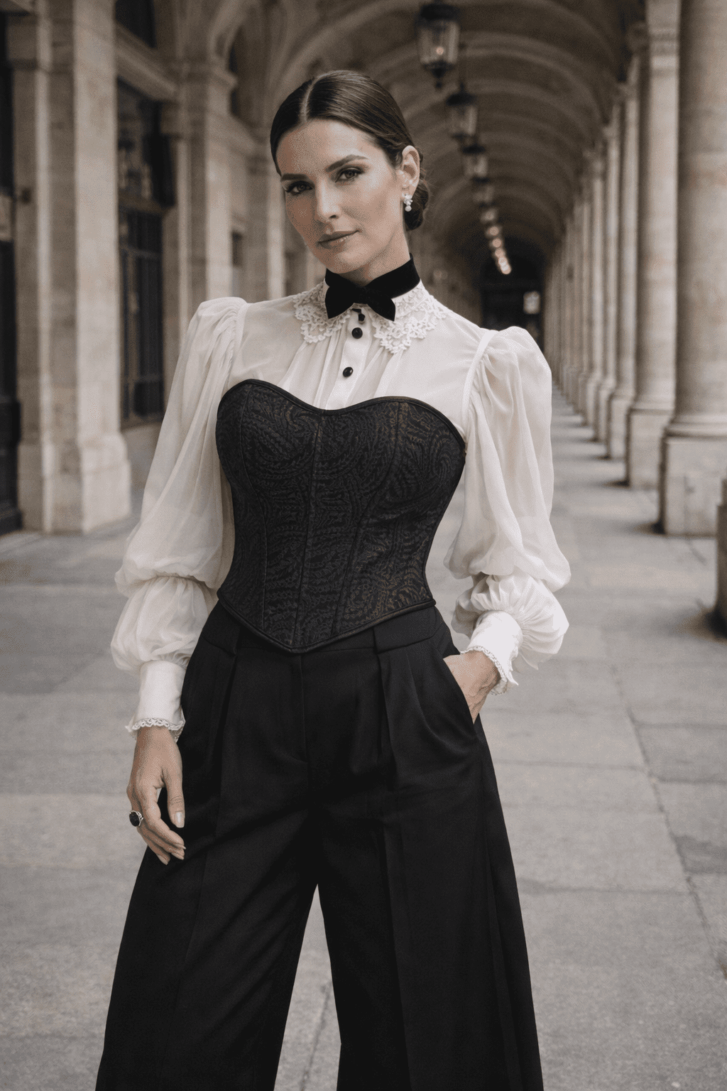 Femme portant un corset noir élégant avec blouse blanche romantique sous les arcades du Palais Royal à Paris