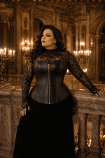 Femme de 45 ans portant un corset noir en simili cuir grande taille sur un haut en dentelle noire transparente au Palais Garnier
