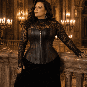 Femme de 45 ans portant un corset noir en simili cuir grande taille sur un haut en dentelle noire transparente au Palais Garnier