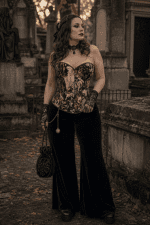 Corset gothique romantique fleuri effet peinture à l’huile porté avec pantalon palazzo noir en velours au cimetière du Père Lachaise à Paris