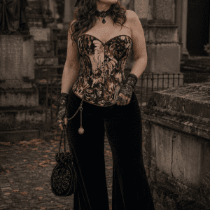 Corset gothique romantique fleuri effet peinture à l’huile porté avec pantalon palazzo noir en velours au cimetière du Père Lachaise à Paris