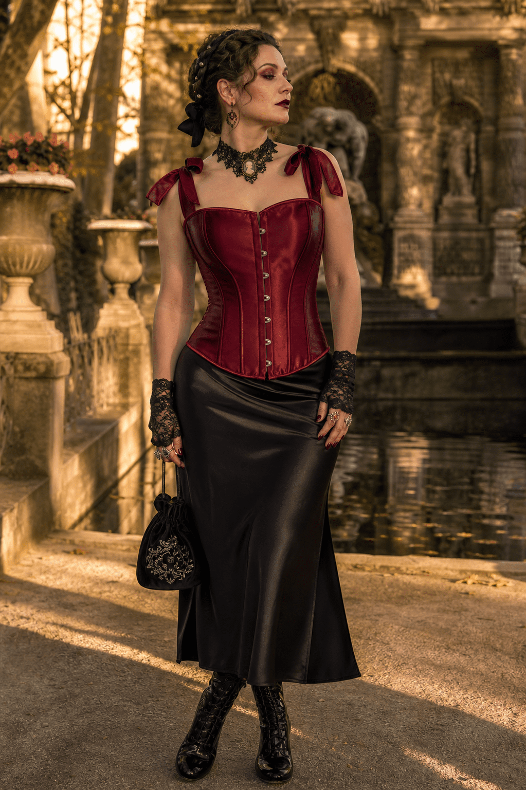 Corset gothique romantique bordeaux satin porté avec jupe noire au jardin du Luxembourg devant la fontaine de Médicis