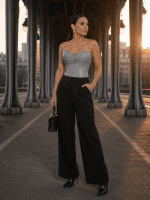 Corset gris en similicuir porté avec pantalon tailleur noir au pont Bir-Hakeim style mode éditoriale moderne