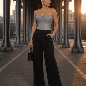 Corset gris en similicuir porté avec pantalon tailleur noir au pont Bir-Hakeim style mode éditoriale moderne