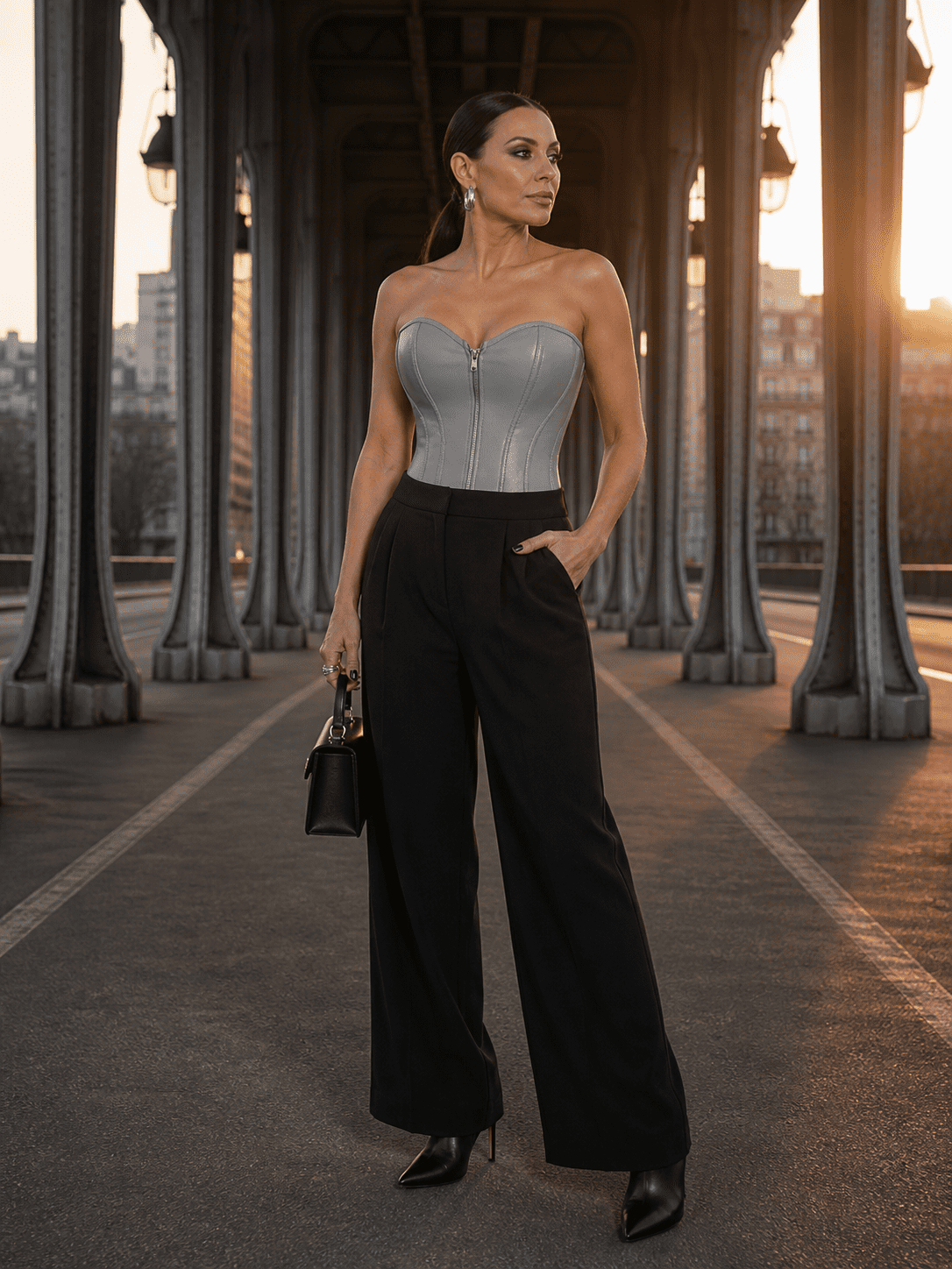 Corset gris en similicuir porté avec pantalon tailleur noir au pont Bir-Hakeim style mode éditoriale moderne