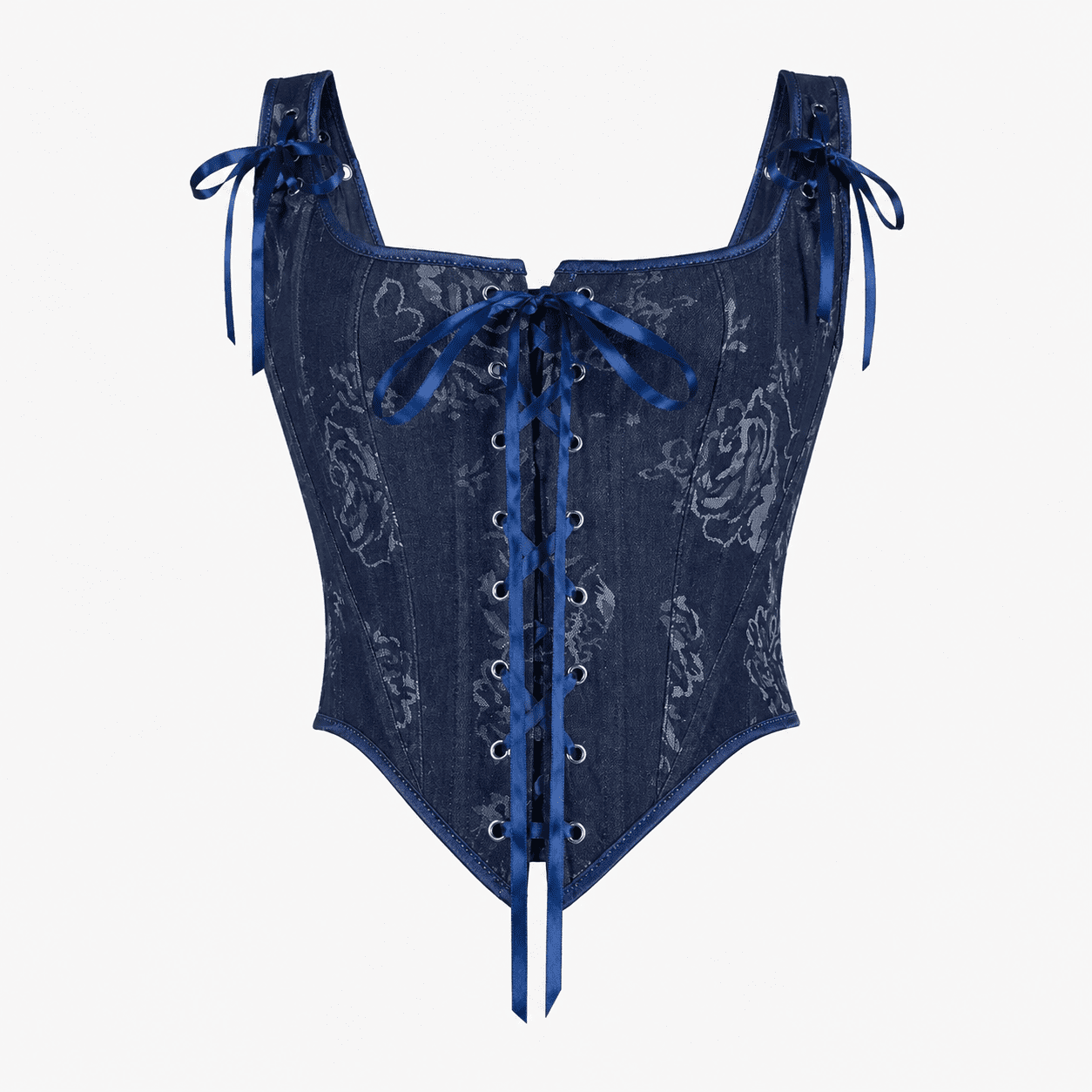 Corset Jean Bleu Fleuri Vintage à Bretelles – Image 3