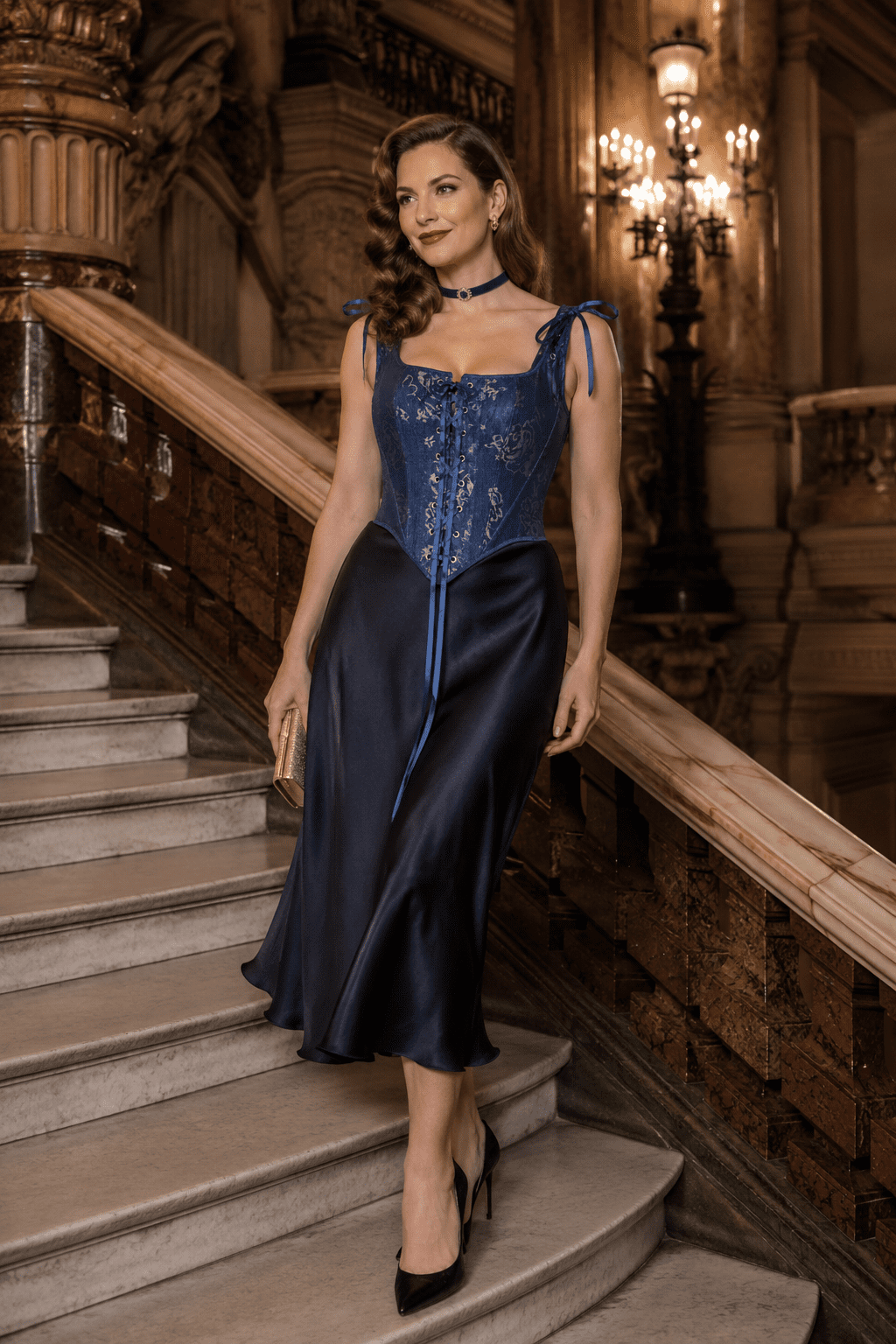 modèle femme 40 ans portant un corset jean bleu fleuri vintage à bretelles style renaissance avec jupe satin bleu nuit au Palais Garnier