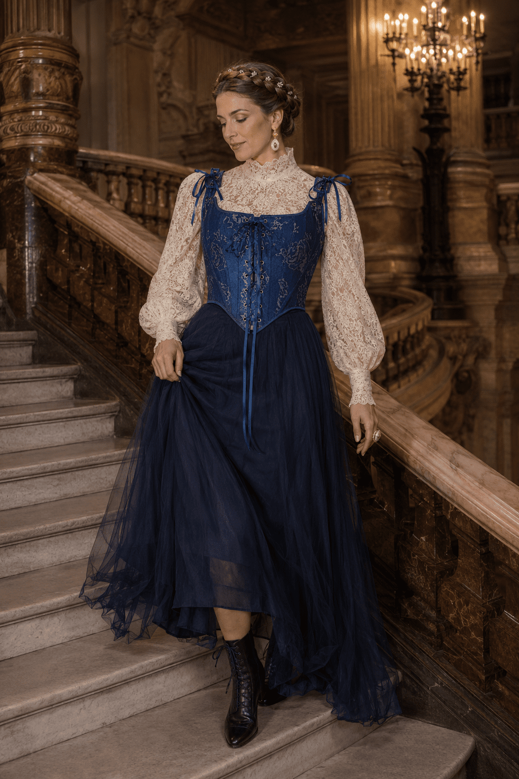 modèle femme 40 ans portant un corset jean bleu fleuri vintage style renaissance avec chemisier dentelle crème et jupe longue en tulle bleu nuit au Palais Garnier