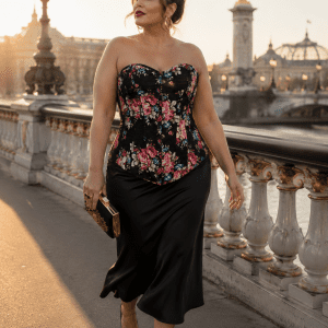 Corset en jean noir imprimé floral grande taille porté avec une jupe satin noire au Pont Alexandre III à Paris