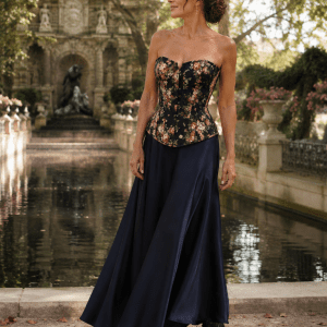 Corset noir effet jean à roses vintage porté avec une jupe longue satin bleu marine au Jardin du Luxembourg à Paris