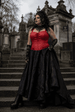 corset lingerie gothique rouge grande taille similicuir et dentelle debout pere lachaise style mode dramatique