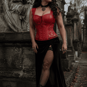 corset lingerie gothique rouge similicuir et dentelle effet corset au cimetiere pere lachaise style romantique