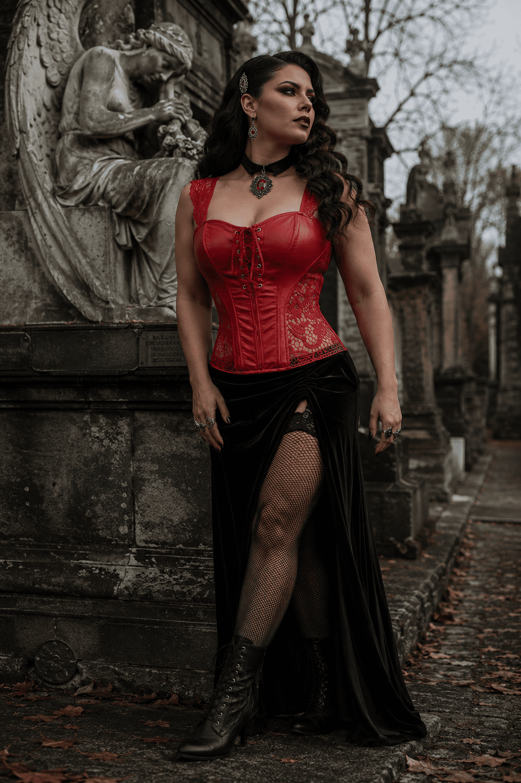 corset lingerie gothique rouge similicuir et dentelle effet corset au cimetiere pere lachaise style romantique