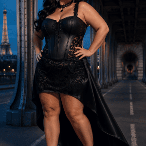 corset lingerie noir similicuir dentelle grande taille effet corset au pont bir hakeim lumière blue hour