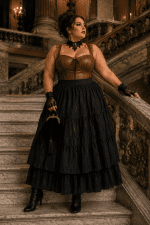 corset lingerie steampunk marron grande taille en similicuir et dentelle porté au palais garnier style élégant