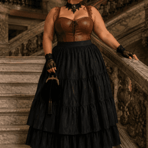 corset lingerie steampunk marron grande taille en similicuir et dentelle porté au palais garnier style élégant